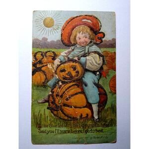 Halloween Postcard Glitter Child In Pumpkin Patch JOL Taylor Art Embossed 1908